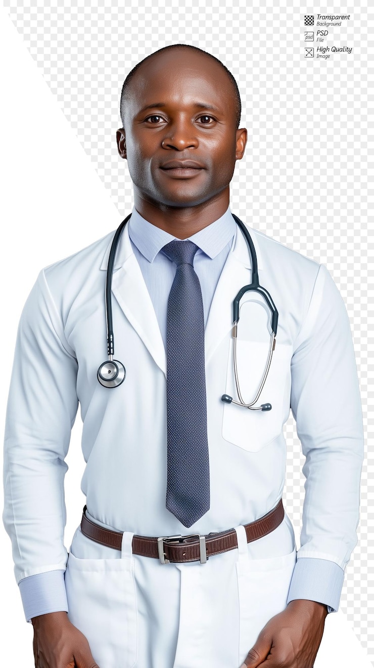 PSD docteur noir en manteau blanc souriant avec confiance avec un stéthoscope autour du cou sur un fond transparent
