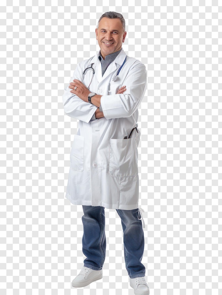 PSD docteur souriant, corps entier isolé sur fond transparent psd