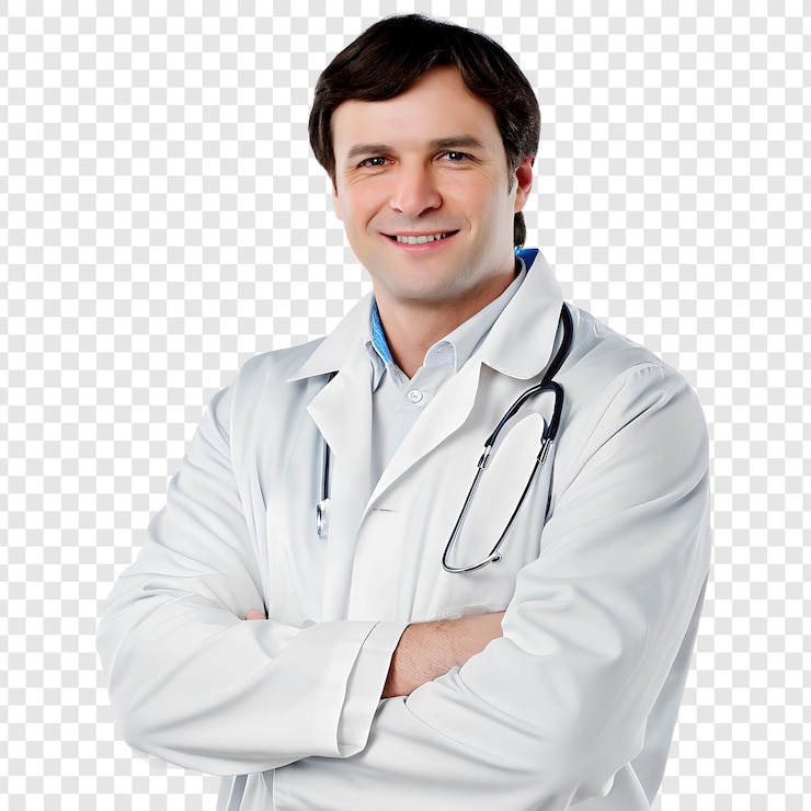 PSD le docteur souriant avec le stéthoscope et les bras croisés