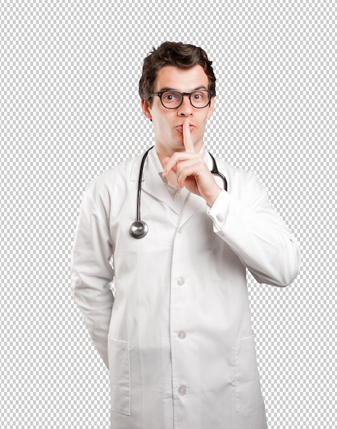 Doctor confiado con gesto del silencio contra el fondo blanco