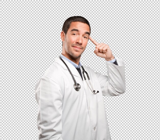 Doctor feliz con un gesto de concentración