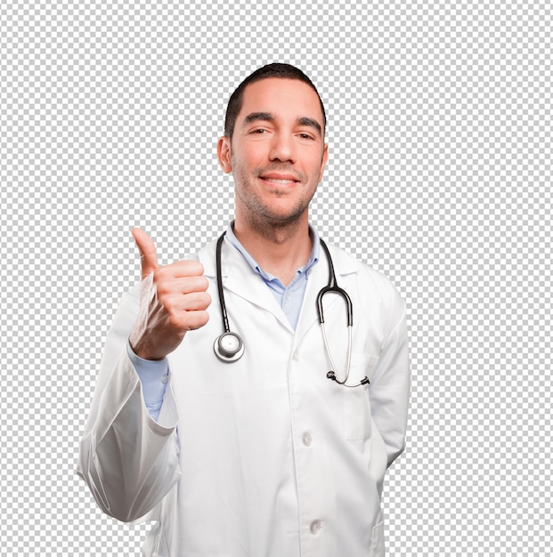 PSD doctor joven feliz con un gesto bien