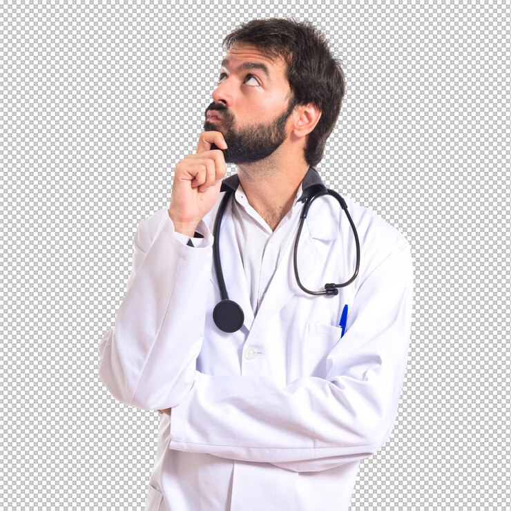 PSD doctor pensando sobre fondo blanco aislado