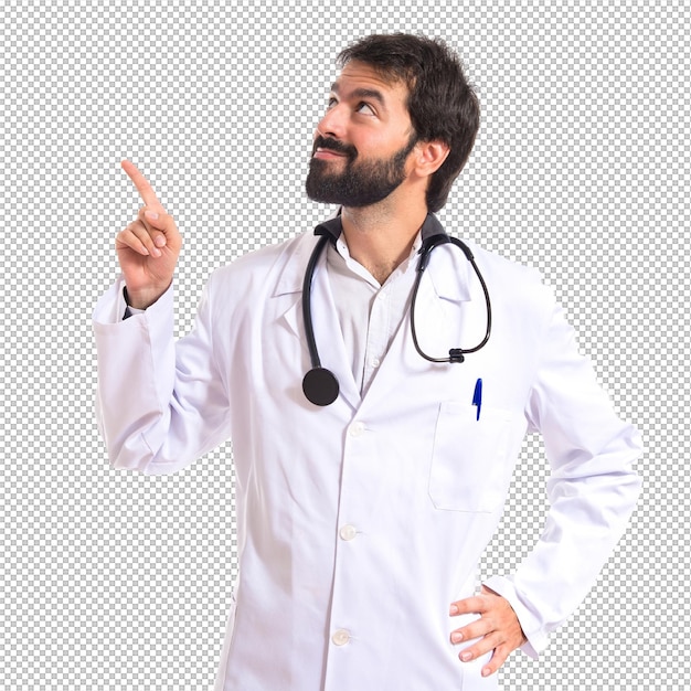 Doctor pensando sobre fondo blanco aislado