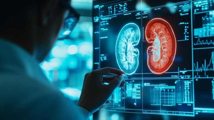 PSD doctor reviewing brain and kidney scans on a digital screen
