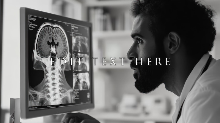 PSD doctor reviewing brain and spine xray on computer monitor