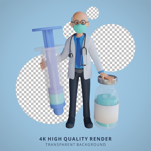 Doctor senior masculino 3D con una máscara que sostiene una ilustración de diseño de personajes de inyección de vacuna