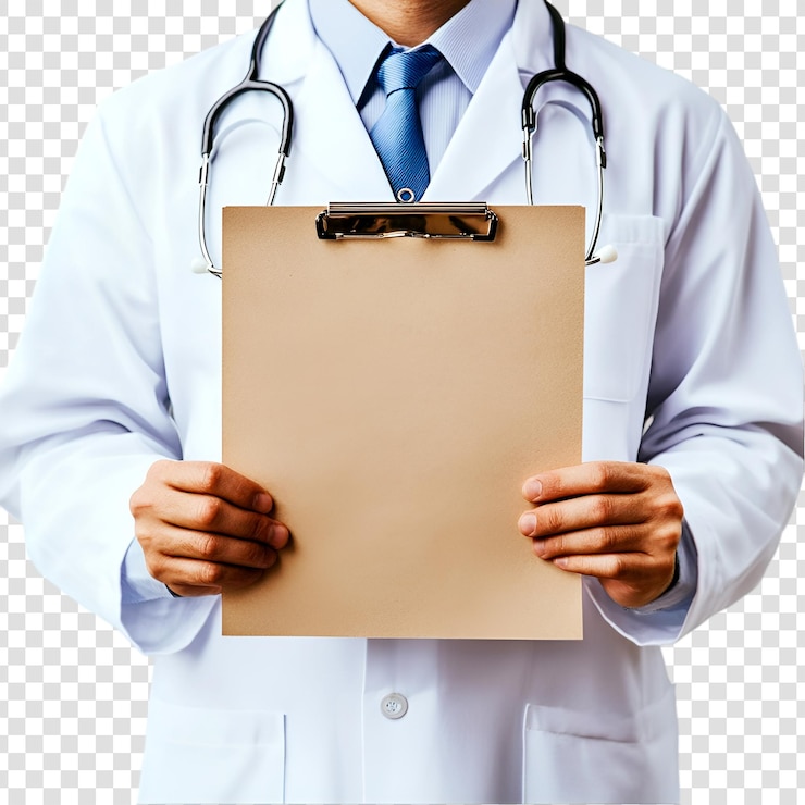 PSD doctor sosteniendo un portapapeles en blanco sobre un fondo transparente