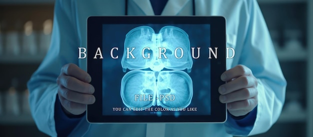 Doctor sosteniendo una tableta que muestra tecnología futurista anatomía del cerebro humano