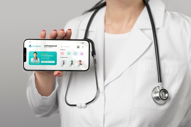 PSD doctor con vista frontal del teléfono inteligente