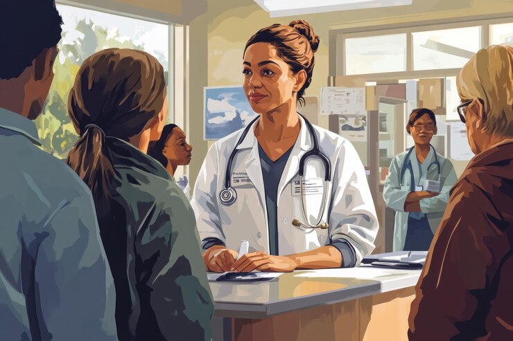 PSD una doctora habla con un paciente en la recepción de una clínica