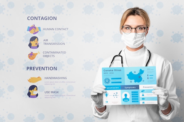 Doctora con maqueta de coronavirus