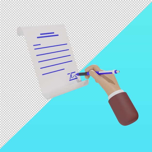 Document de lettre d'accord avec main de signature tenant un stylo et un fichier PSD de rendu 3D