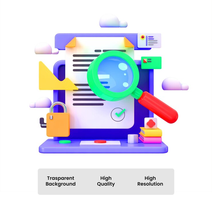 PSD document review and analysis with magnifying glass on laptop