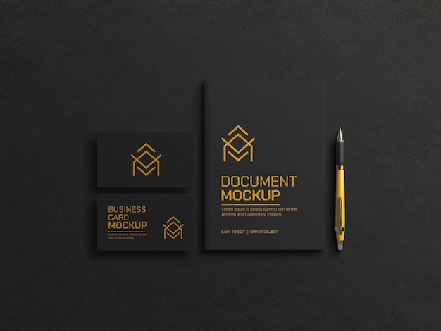 Documento scuro con mockup di biglietti da visita