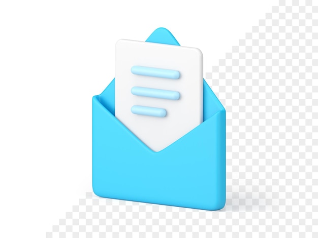 Documento en sobre 3d azul abierto Hoja blanca de papel con texto rayado
