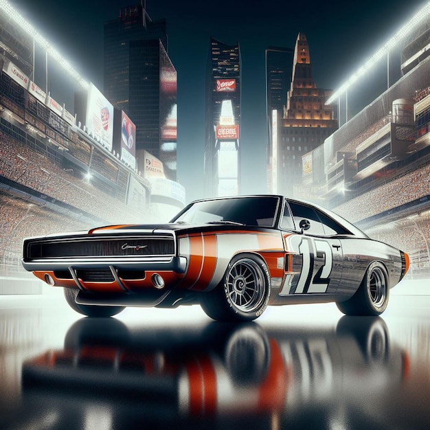 PSD dodge charger 1968 nascar racing car pic hyperealistic musclecar pôster vintage