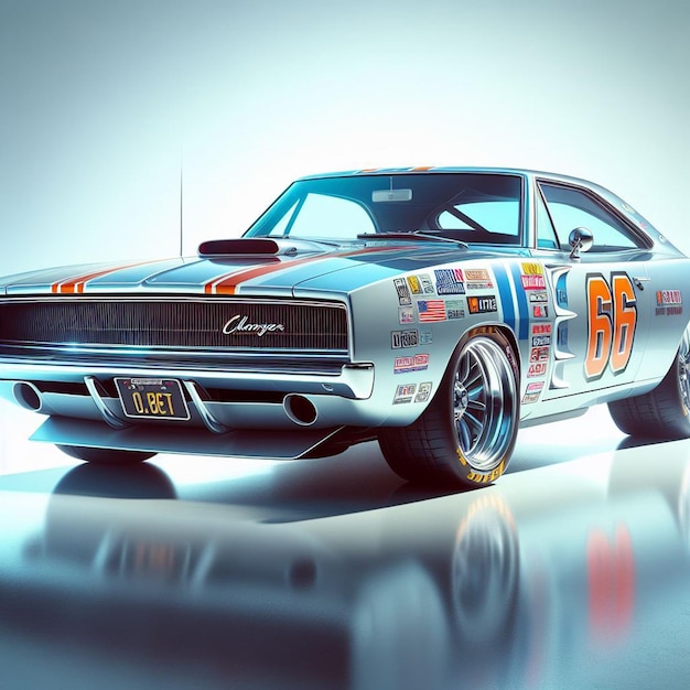 PSD dodge charger 1968 nascar racing car pic hyperealistic musclecar pôster vintage