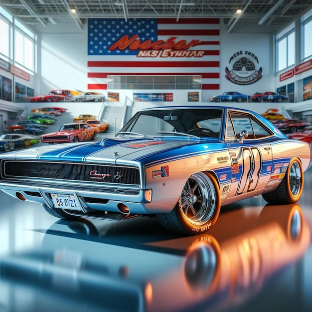 PSD dodge charger 1968 nascar racing car pic hyperealistic musclecar pôster vintage