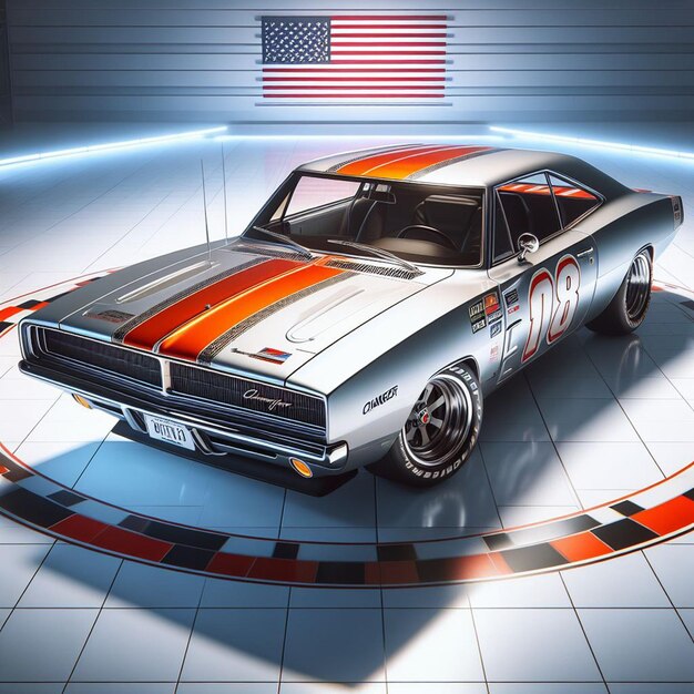 PSD dodge charger 1968 nascar voiture de course pic affiche hyperealiste de muscle car vintage