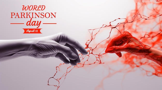 Doença de Parkinson As mãos de uma jovem e de uma mulher idosa se estendem uma para a outra conectadas por um vermelho