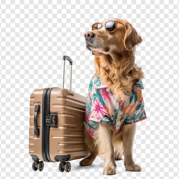 Dog wearing summer shirt standing near travel suitcase on transparency background PSD