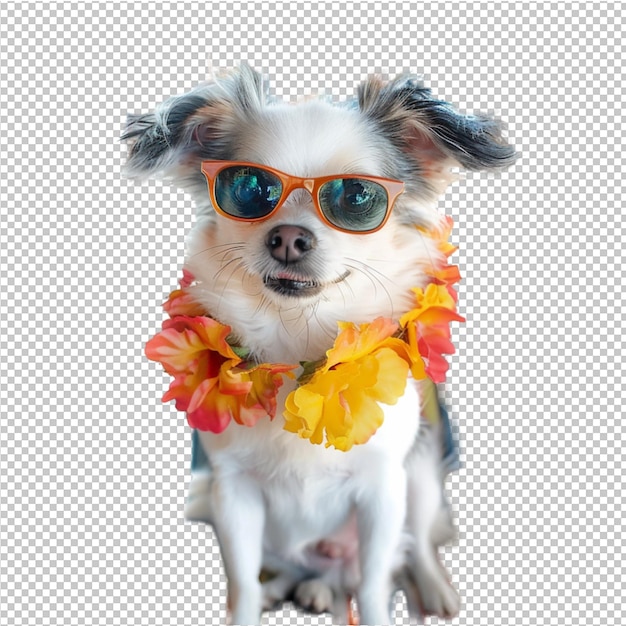 PSD a dog wearing sunglasses and a flower lei is wearing a lei around its neck