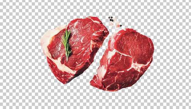 Dois bifes de carne crua isolados em fundo transparente vista superior