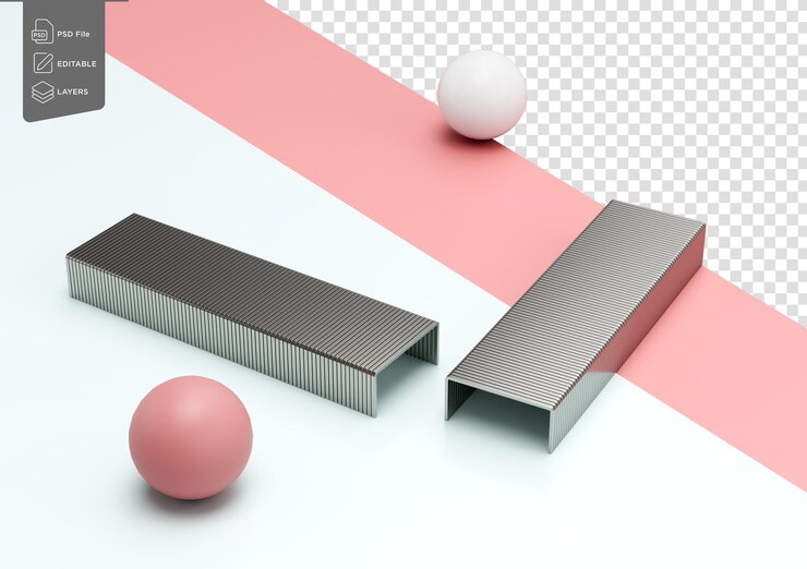 PSD dois blocos de alfinetes metálicos descansam em uma superfície azul e rosa clara dividida ilustração 3d