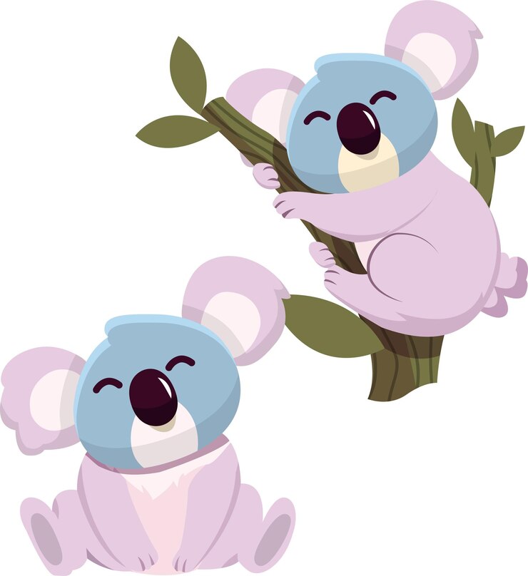 PSD dois bonitos koalas de desenho animado, um sentado e outro num galho.