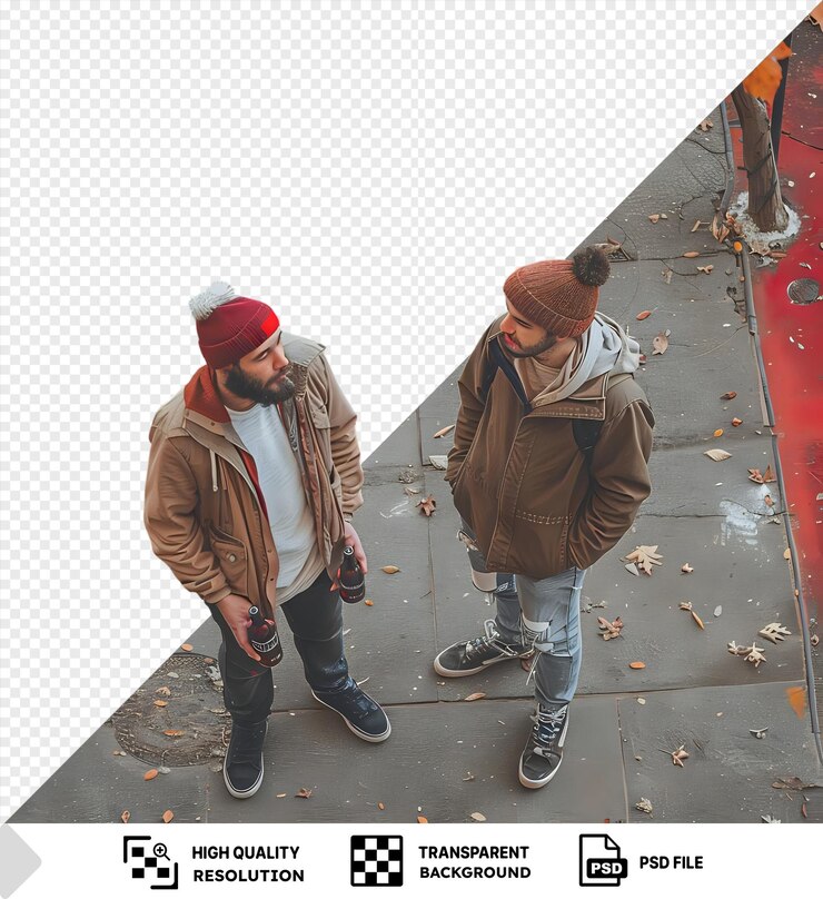 PSD dois caras com garrafas falando no parque um vestindo um casaco castanho e jeans azuis o outro vestindo um chapéu vermelho e botas pretas com uma folha castanha em primeiro plano png psd
