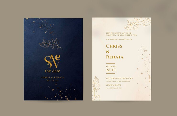 Dois cartões para um casamento com folha de ouro e folhas de ouro.