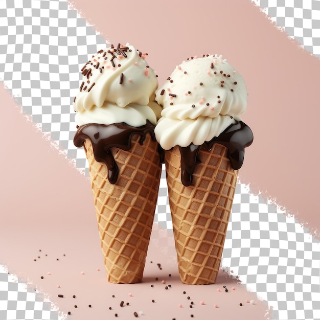 PSD dois cones de sorvete com baunilha e chocolate isolados em um fundo transparente