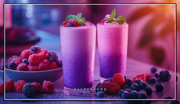 PSD dois copos de smoothies de bagas cor-de-rosa e roxa com framboesa fresca