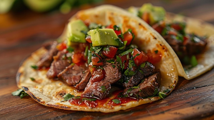 PSD dois deliciosos tacos cheios de bife, abacate, tomate e coentro.