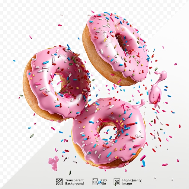 Dois donuts com cobertura rosa e granulado em um fundo branco.