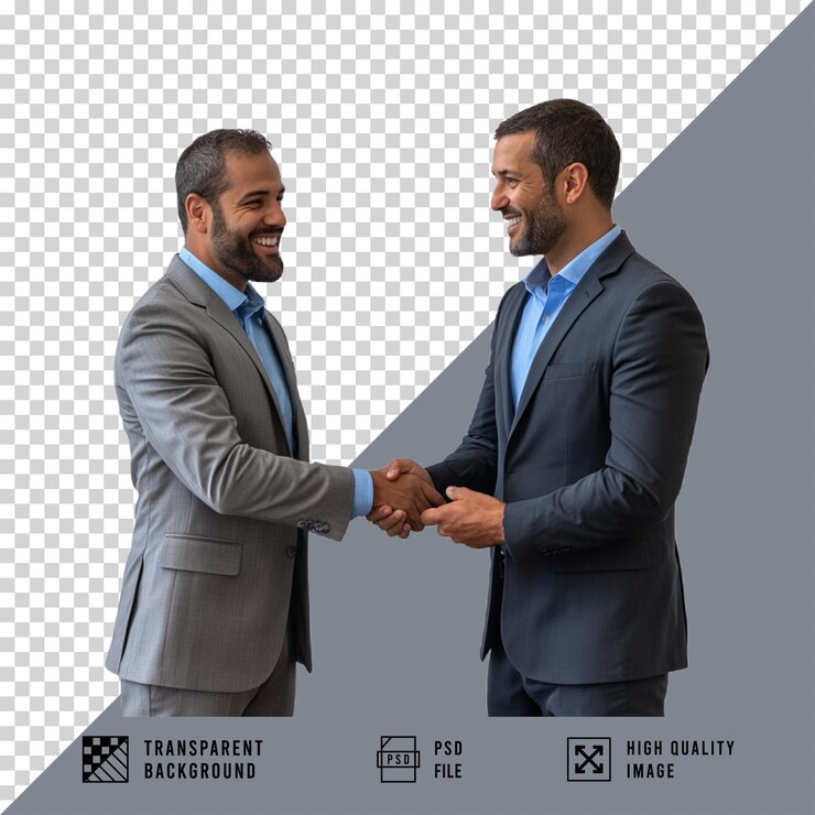 PSD dois homens de terno apertando as mãos em um fundo transparente