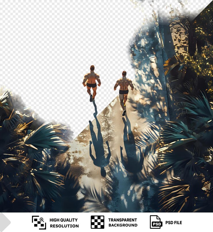 PSD dois homens musculosos correndo por um caminho em uma floresta tropical com fundo transparente