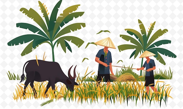 dois homens num campo com um touro e uma palmeira