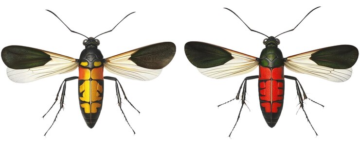 PSD dois insetos coloridos com asas e pernas pretas um inseto tem corpo vermelho e preto outro é amarelo