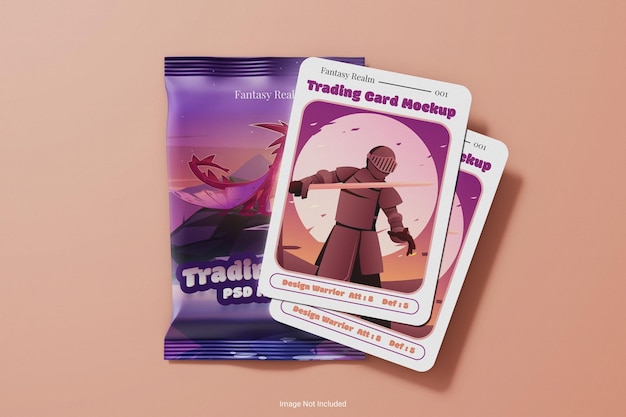 dois jogos de cartas colecionáveis de fantasia colecionáveis com pacote de plástico brilhante maquete psd vista superior