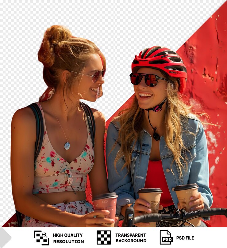 PSD dois jovens ciclistas transparentes desfrutando de sua pausa de café na frente com um vestindo vermelho