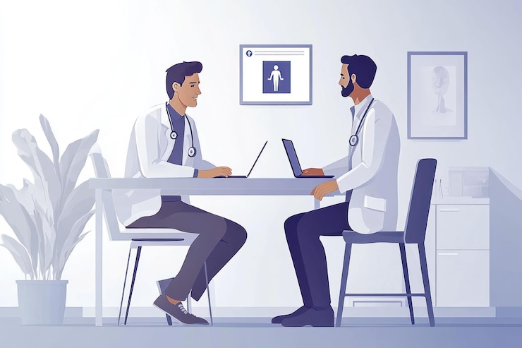 PSD dois médicos de casacos brancos sentam-se em uma mesa em um consultório médico usando laptops para discutir informações sobre o paciente