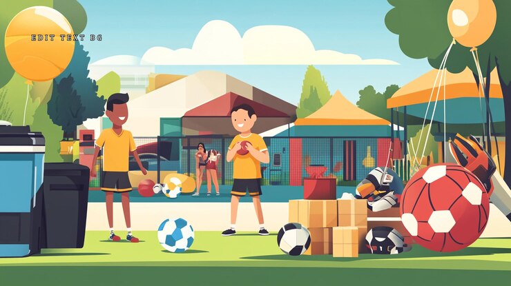PSD dois meninos num mercado ao ar livre com equipamentos desportivos e balões