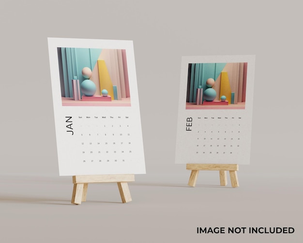Dois modelos de calendário de mesa usando um mini cavaleiro com um fundo transparente