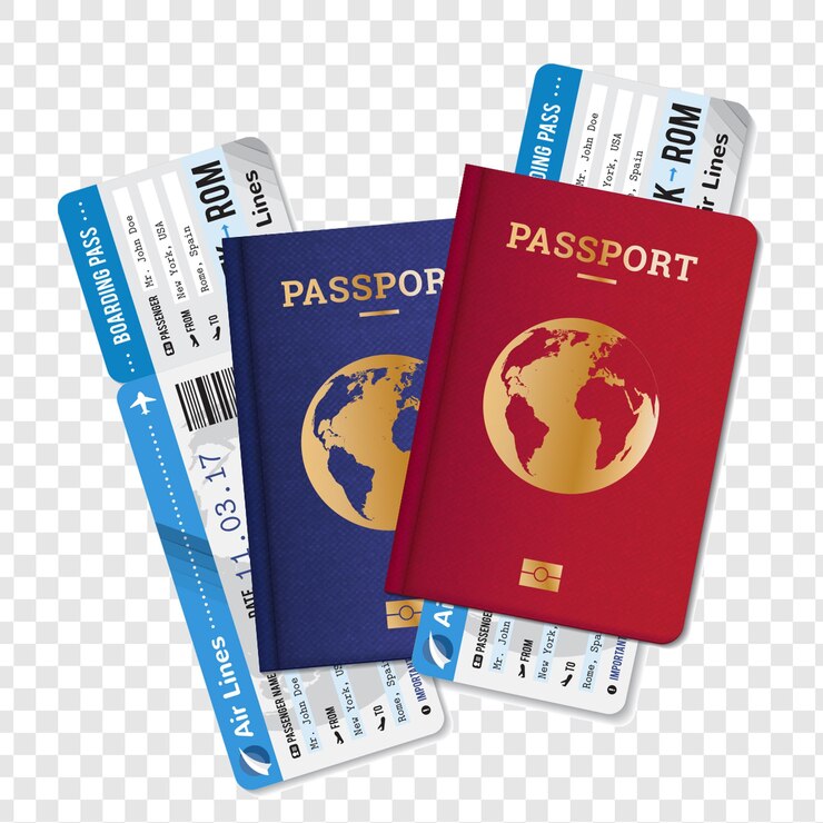 PSD dois passaportes com bilhetes de bilhete de embarque conjunto realista anúncio de agência internacional de viagens aéreas