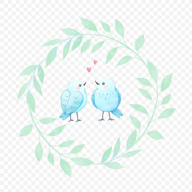 PSD dois pássaros brancos apaixonados coroa redonda de galhos verdes adesivos de animais crianças desenho de personagens