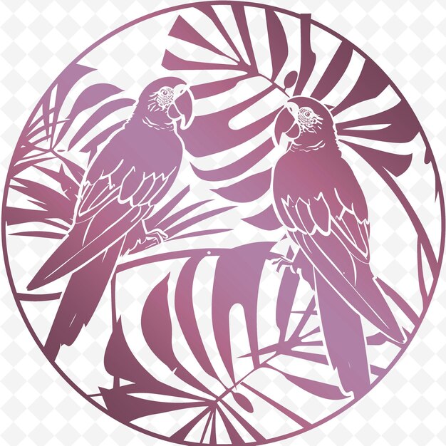PSD dois pássaros estão sentados em um círculo redondo com um padrão que diz quot papagaios quot