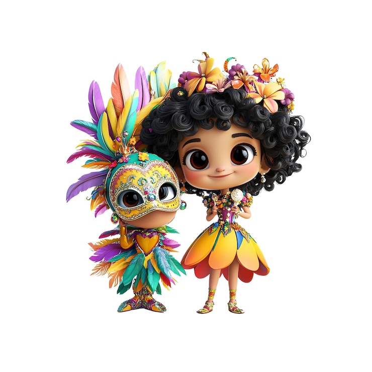 PSD dois personagens de desenhos animados adoráveis em trajes de carnaval vibrantes