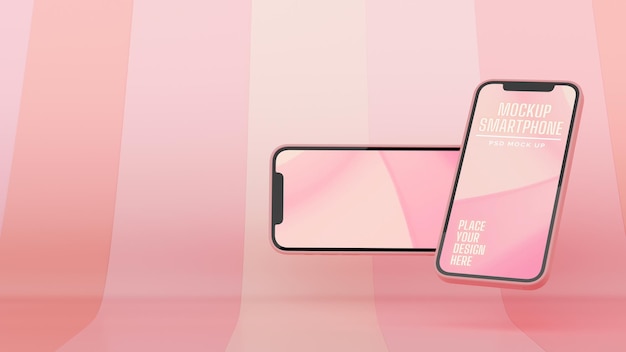 Dois smartphones com tela de maquete voando sobre fundo rosa abstrato